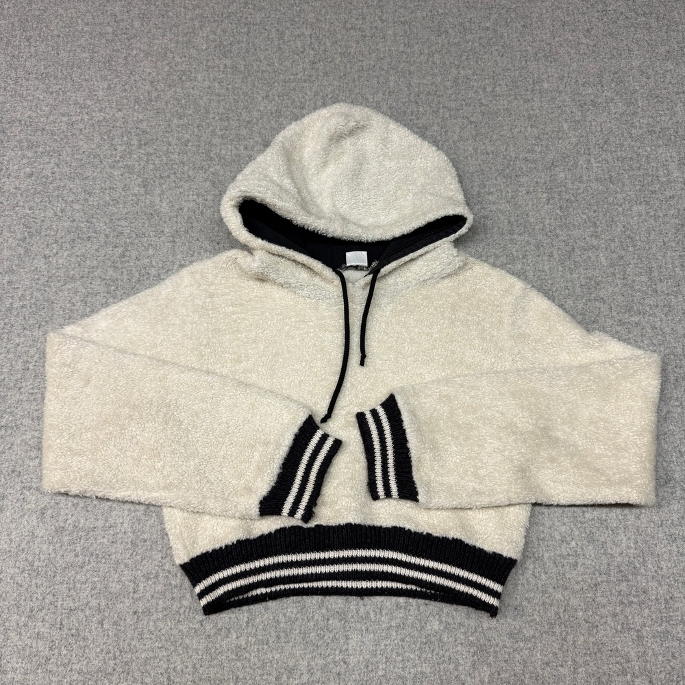 Honigman Sherpa Fleece Hoodie Size 12 Ivory Cream Black Striped Ribbed Pullover